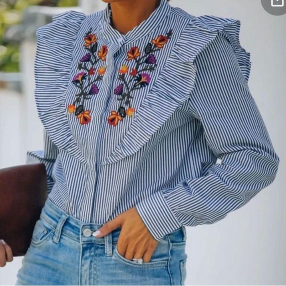 Dance & Marvel Elula Cotton Embroidered Stripped Button Down Top | Size Small